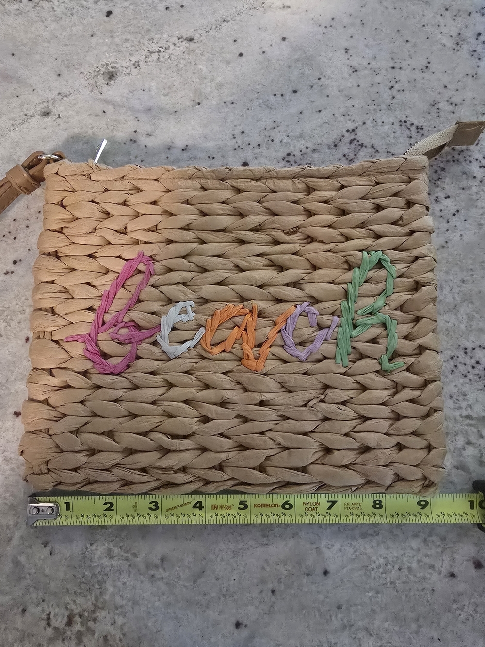 Straw Wristlet Clutch with Multicolor 'Beach' Script